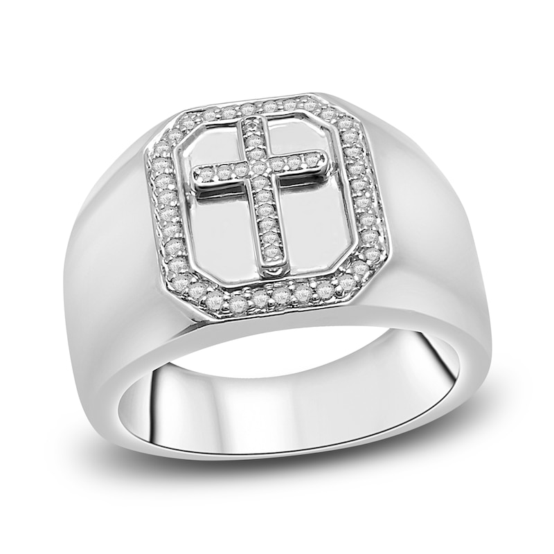 Main Image 1 of Men's Diamond Cross Signet Ring 1/4 ct tw Round Sterling Silver