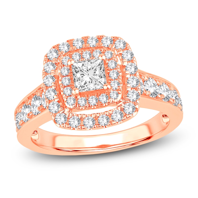 Main Image 1 of Diamond Double Halo Engagement Ring 1-1/3 ct tw Princess 14K Rose Gold