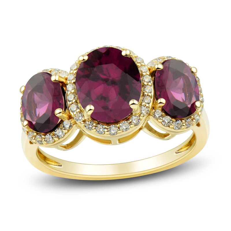 Main Image 1 of Natural Rhodolite Garnet Three-Stone Ring 1/4 ct tw Round 10K Yellow Gold