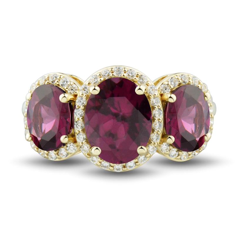 Main Image 2 of Natural Rhodolite Garnet Three-Stone Ring 1/4 ct tw Round 10K Yellow Gold