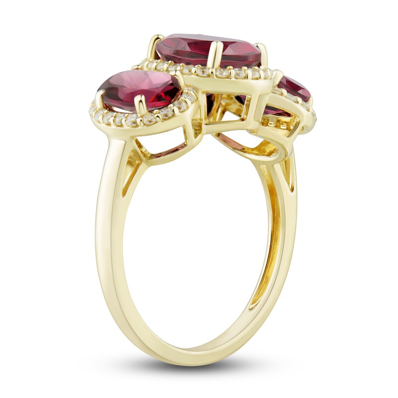 Main Image 3 of Natural Rhodolite Garnet Three-Stone Ring 1/4 ct tw Round 10K Yellow Gold