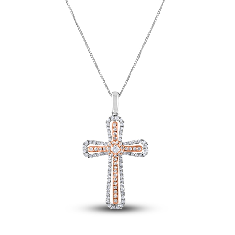 Main Image 1 of Diamond Cross Pendant Necklace 3/8 ct tw Round 14K Two-Tone Gold 18"