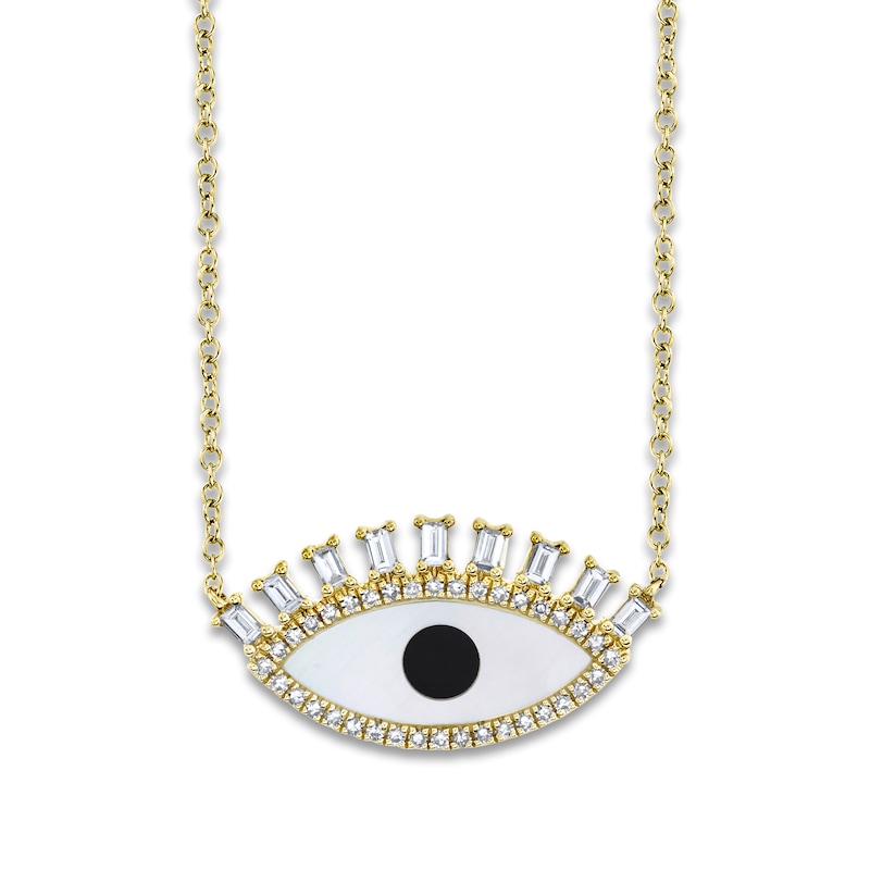 Shy Creation Natural Mother-of-Pearl & Natural Onyx Necklace 1/3 ct tw Diamonds 14K Yellow Gold 18" SC55009043