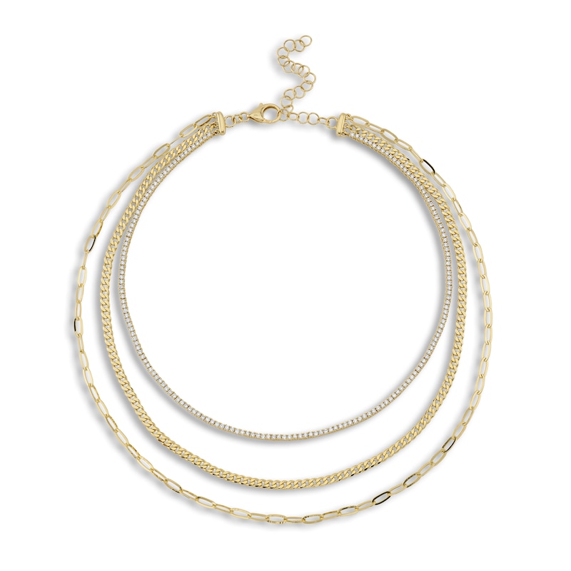 Main Image 1 of Shy Creation Diamond Triple Chain Necklace 3-1/8 ct tw Round 14K Yellow Gold 17" SC55023197Z17