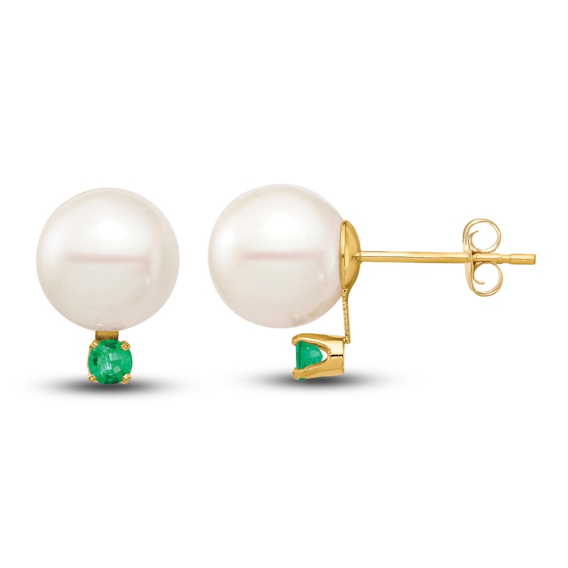 Main Image 1 of Freshwater Cultured Pearl & Natural Emerald Stud Earrings 14K Yellow Gold