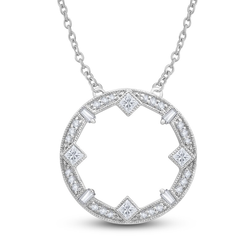 Main Image 1 of Diamond Circle Pendant Necklace 1/2 ct tw Princess/Round/ Baguette 14K White Gold 18"