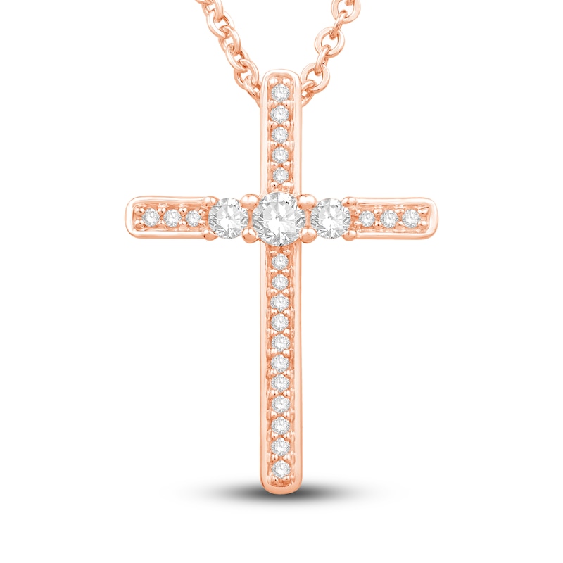 Main Image 1 of Diamond Cross Pendant Necklace 1/3 ct tw Round 14K Rose Gold 18"