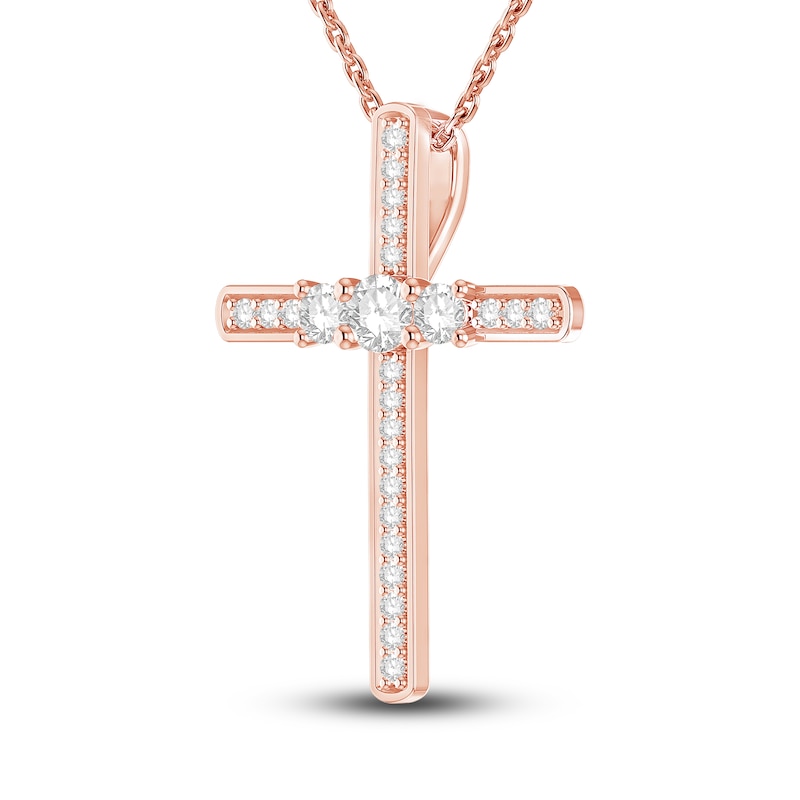 Main Image 3 of Diamond Cross Pendant Necklace 1/3 ct tw Round 14K Rose Gold 18"