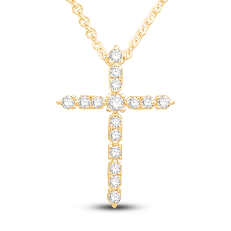 Main Image 1 of Diamond Cross Pendant Necklace 3/8 ct tw Round 14K Yellow Gold 18"