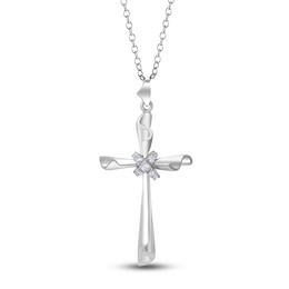 High-Polish Cross Pendant Necklace Diamond Accents 14K White Gold 18"
