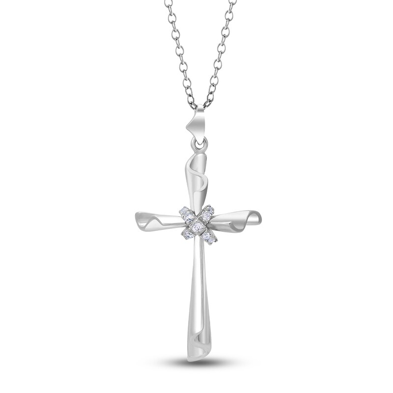 Main Image 1 of High-Polish Cross Pendant Necklace Diamond Accents 14K White Gold 18&quot;