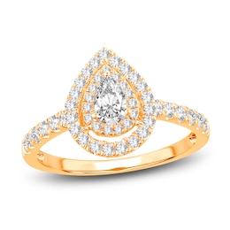 Diamond Double Halo Engagement Ring 3/4 ct tw Pear/Round 14K Yellow Gold