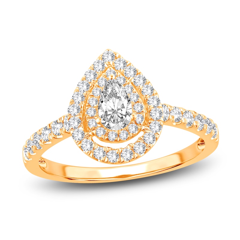 Main Image 1 of Diamond Double Halo Engagement Ring 3/4 ct tw Pear/Round 14K Yellow Gold