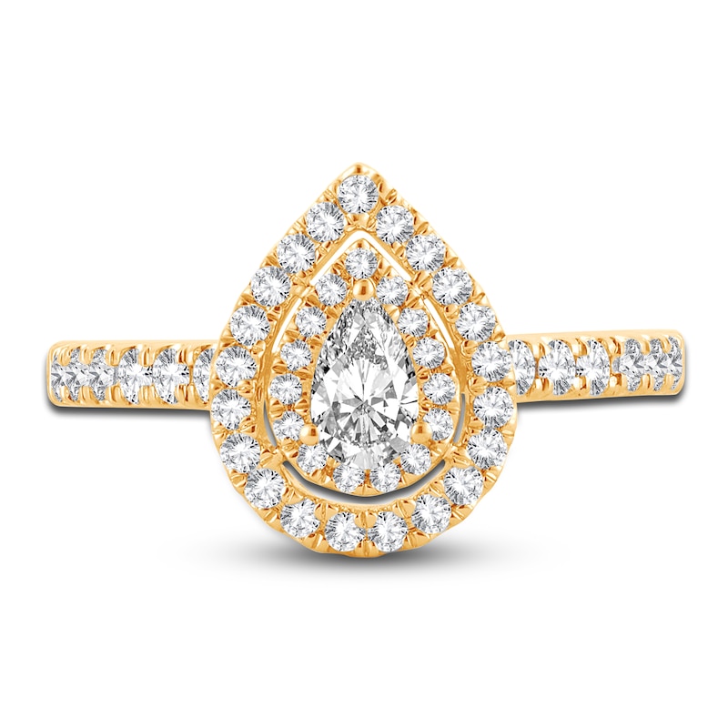 Main Image 3 of Diamond Double Halo Engagement Ring 3/4 ct tw Pear/Round 14K Yellow Gold