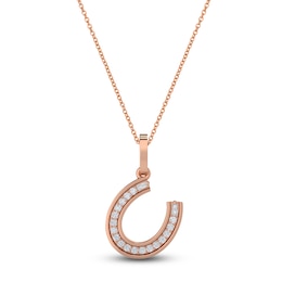 Diamond Horseshoe Pendant Necklace 1/10 ct tw Round 14K Rose Gold 18"