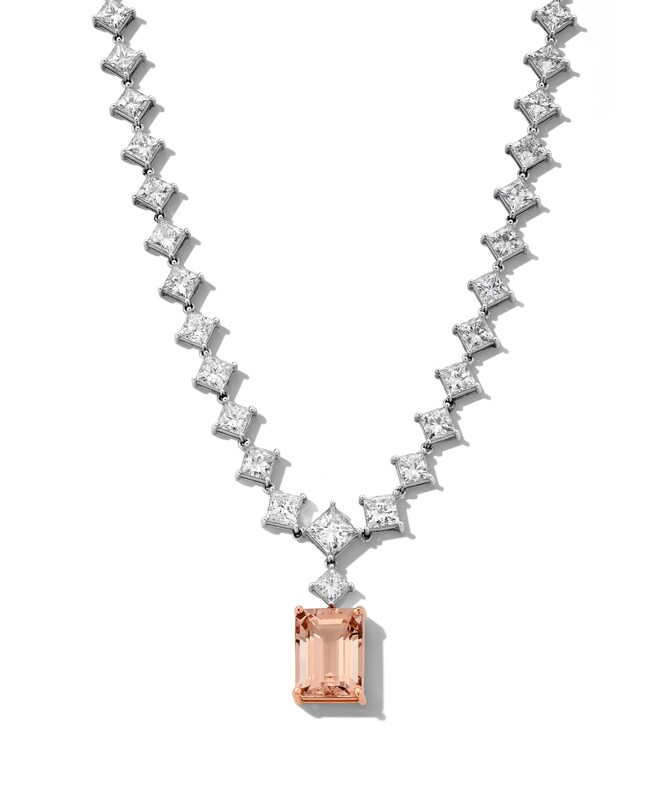 Main Image 1 of Jared Atelier Natural Rectangle-Cut Morganite & Diamond Necklace 40-1/4 ct tw Platinum 17"