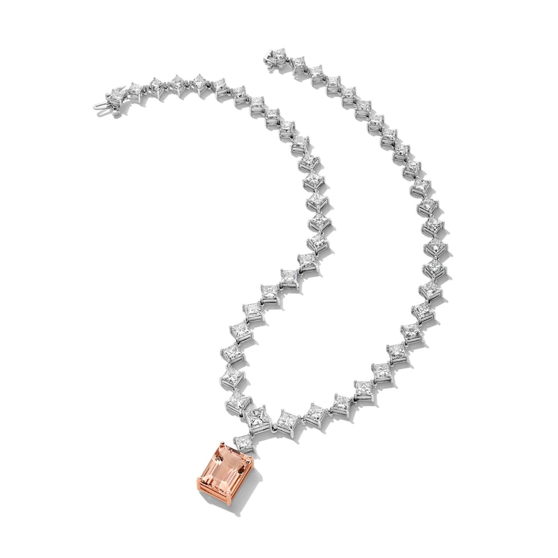 Main Image 3 of Jared Atelier Natural Rectangle-Cut Morganite & Diamond Necklace 40-1/4 ct tw Platinum 17"