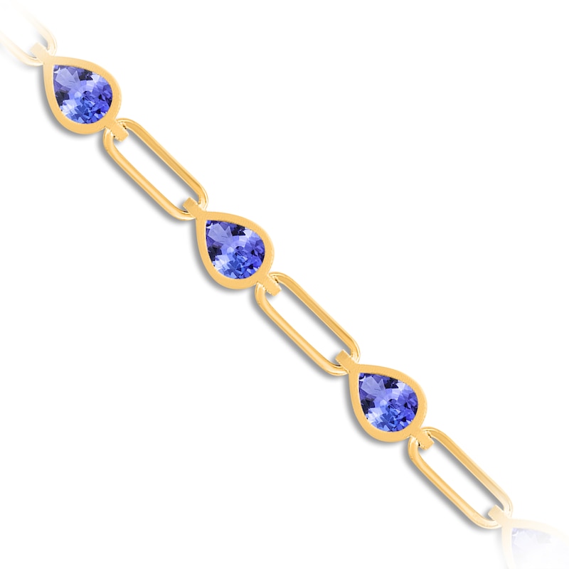 Kallati Pear-Shaped Natural Tanzanite & Diamond Accent Paperclip Link Bracelet 14K Yellow Gold 7"