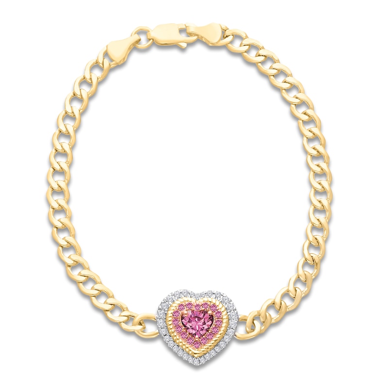 Kallati Heart-Shaped Natural Pink Sapphire & Diamond Chain Bracelet 1/4 ct tw 14K Yellow Gold 7"