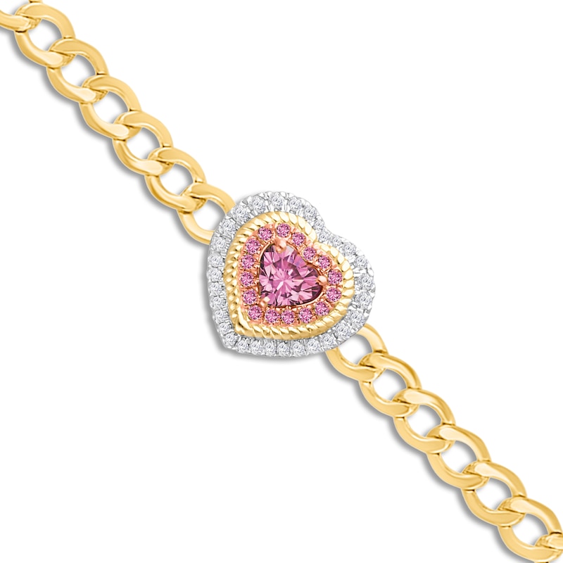 Kallati Heart-Shaped Natural Pink Sapphire & Diamond Chain Bracelet 1/4 ct tw 14K Yellow Gold 7"