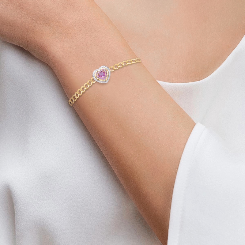 Main Image 3 of Kallati Heart-Shaped Natural Pink Sapphire & Diamond Chain Bracelet 1/4 ct tw 14K Yellow Gold 7"