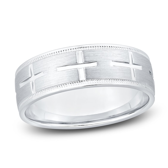 Men's Cross Wedding Band 14K White Gold