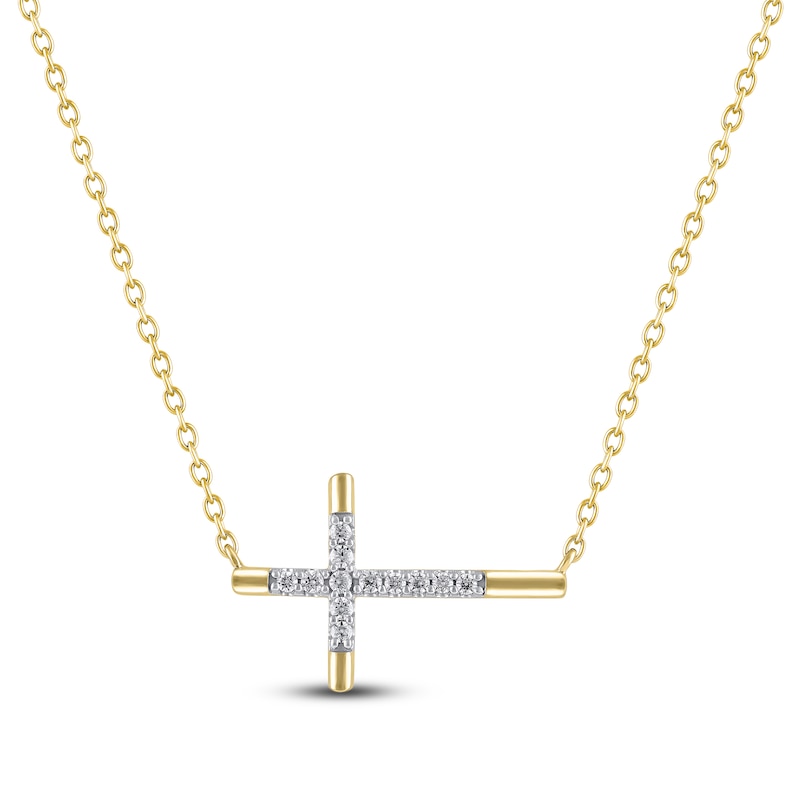 Main Image 1 of Diamond Sideways Cross Necklace 1/15 ct tw 10K Yellow Gold 18"