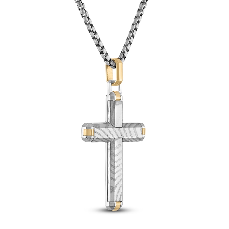 Main Image 2 of Forged by Jared Men's Cross Necklace Damascus Steel, Sterling Silver & 18K Yellow Gold 24"