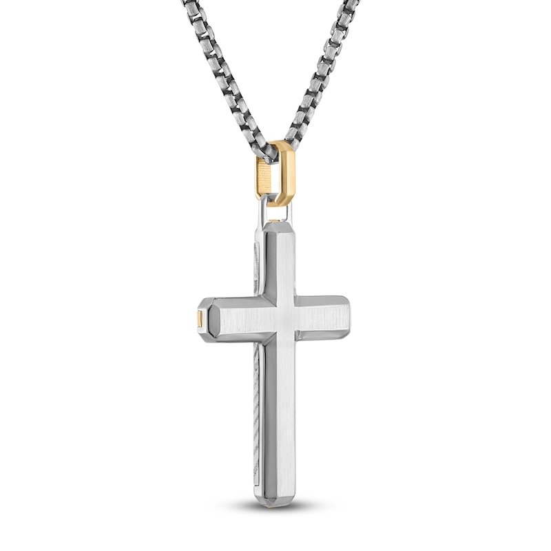 Main Image 3 of Forged by Jared Men's Cross Necklace Damascus Steel, Sterling Silver & 18K Yellow Gold 24"