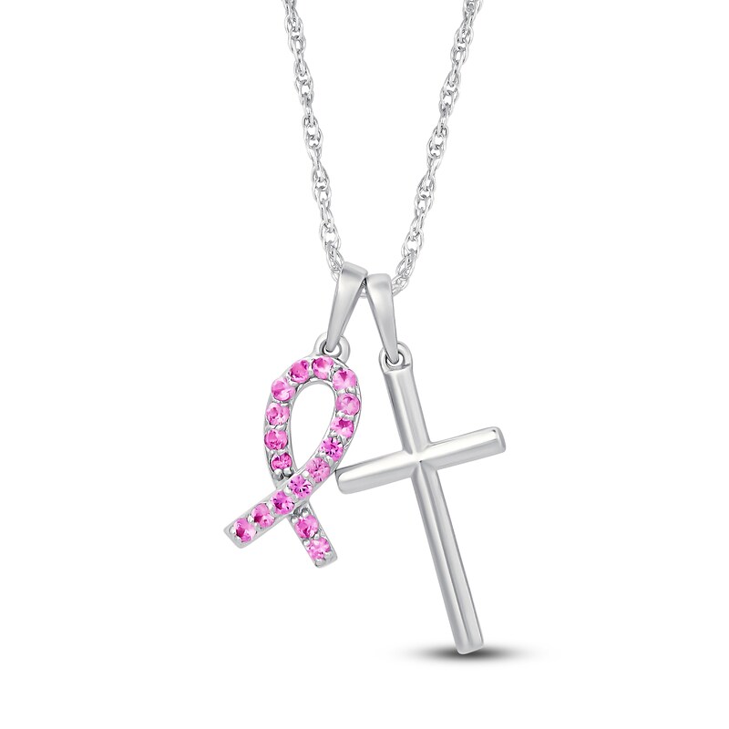Main Image 1 of Pink Lab-Created Sapphire Ribbon & Cross Necklace Sterling Silver 18"