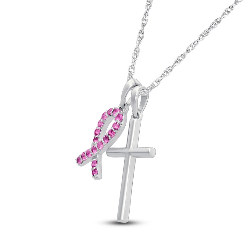 Main Image 2 of Pink Lab-Created Sapphire Ribbon & Cross Necklace Sterling Silver 18"