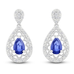 Pear-Shaped Blue Lab-Created Sapphire & Diamond Filigree Dangle Earrings 1/6 ct tw Sterling Silver