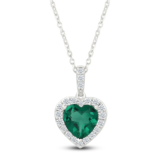 Heart-Shaped Lab-Created Emerald & White Lab-Created Sapphire Necklace Sterling Silver 18"