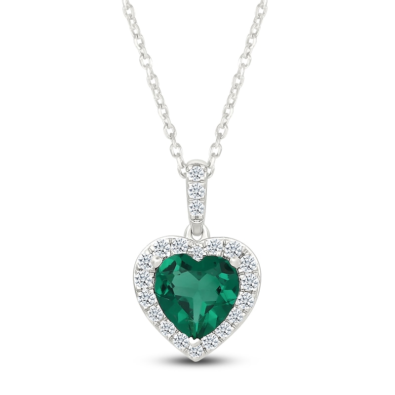 Main Image 1 of Heart-Shaped Lab-Created Emerald & White Lab-Created Sapphire Necklace Sterling Silver 18"