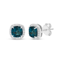 Cushion-Cut Natural London Blue Topaz & White Lab-Created Sapphire Halo Earrings Sterling Silver
