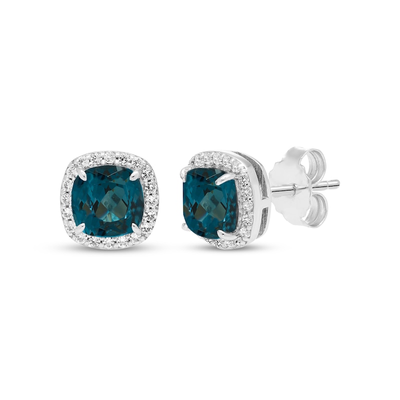 Main Image 1 of Cushion-Cut Natural London Blue Topaz & White Lab-Created Sapphire Halo Earrings Sterling Silver
