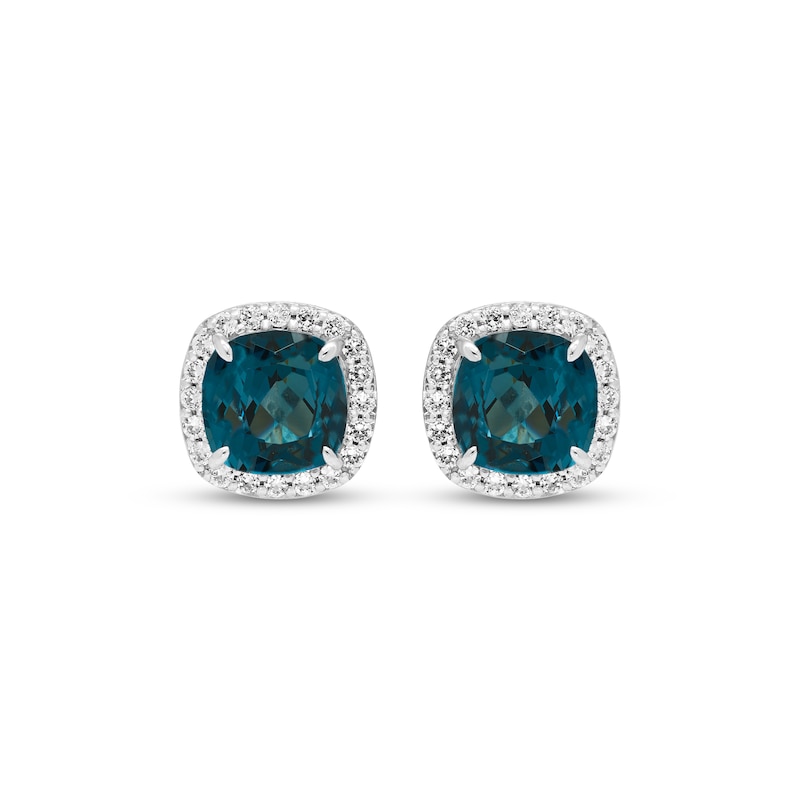 Main Image 2 of Cushion-Cut Natural London Blue Topaz & White Lab-Created Sapphire Halo Earrings Sterling Silver