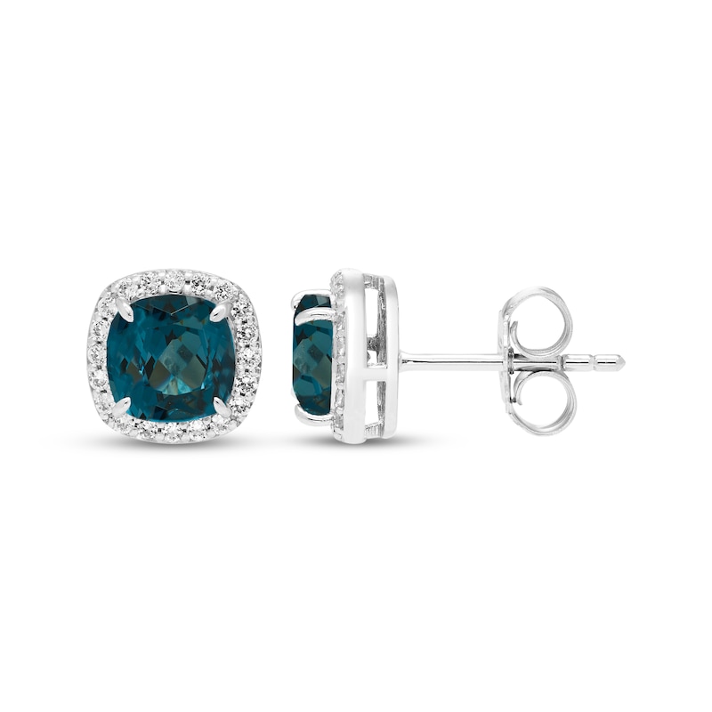 Main Image 3 of Cushion-Cut Natural London Blue Topaz & White Lab-Created Sapphire Halo Earrings Sterling Silver