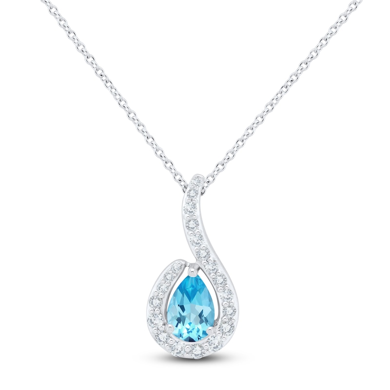 Main Image 1 of Pear-Shaped Natural Swiss Blue Topaz & Diamond Halo Necklace 1/6 ct tw 10K White Gold 18"