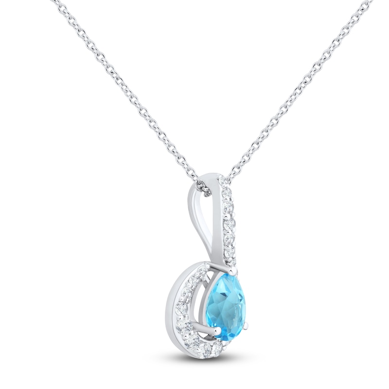 Main Image 2 of Pear-Shaped Natural Swiss Blue Topaz & Diamond Halo Necklace 1/6 ct tw 10K White Gold 18"