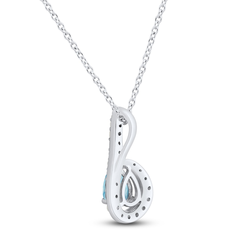 Main Image 3 of Pear-Shaped Natural Swiss Blue Topaz & Diamond Halo Necklace 1/6 ct tw 10K White Gold 18"
