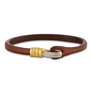 1933 by Esquire Men's Natural White Topaz & Leather Loop Bracelet Yellow Ion-Plated Sterling Silver 8.5"