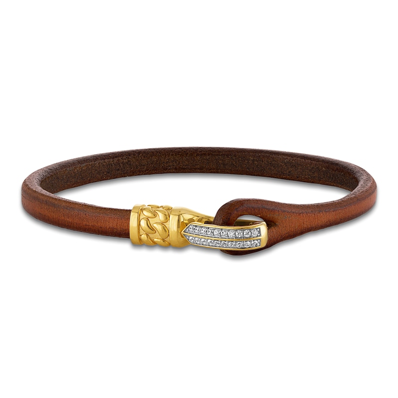 Main Image 1 of 1933 by Esquire Men's Natural White Topaz & Leather Loop Bracelet 14K Yellow Ion-Plated Sterling Silver 8.5"