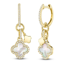 Shy Creation Natural Mother-of-Pearl & Diamond Clover Dangle Hoop Earrings 1/4 ct tw 14K Yellow Gold SC55026903