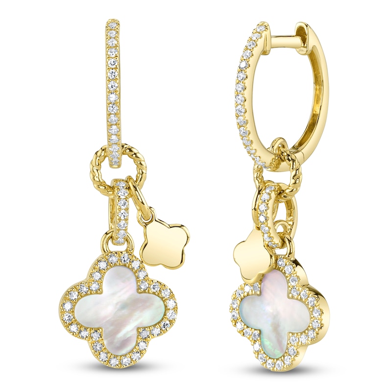 Main Image 2 of Shy Creation Natural Mother-of-Pearl & Diamond Clover Dangle Hoop Earrings 1/4 ct tw 14K Yellow Gold SC55026903