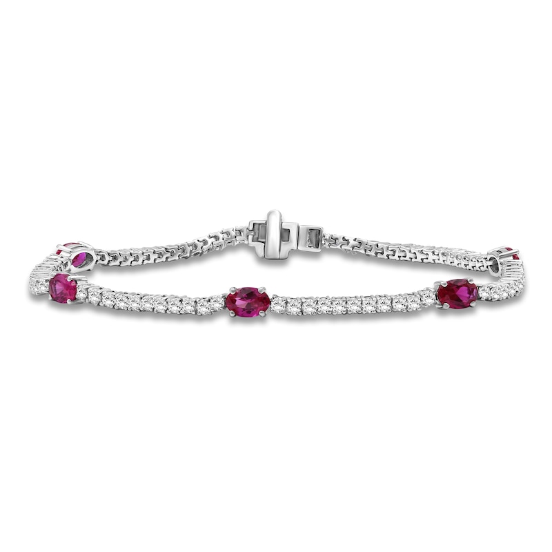 Main Image 1 of Oval-Cut Lab-Created Ruby & White Lab-Created Sapphire Station Bracelet Sterling Silver 7.5"