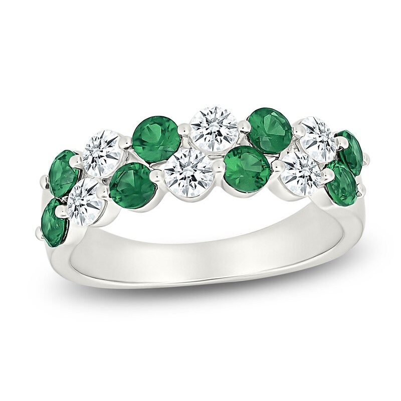 Main Image 1 of Lab-Created Emerald & White Lab-Created Sapphire Two-Row Ring Sterling Silver