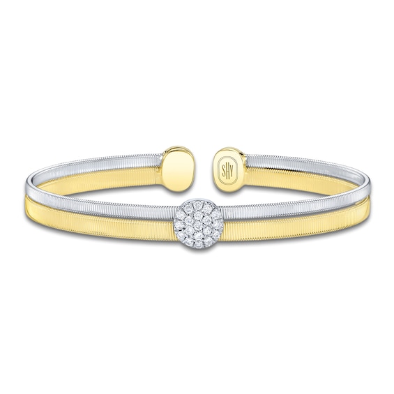 Shy Creation Multi-Diamond Ribbed Cuff Bangle Bracelet 1/4 ct tw 14K Two-Tone Gold B22001303ZS