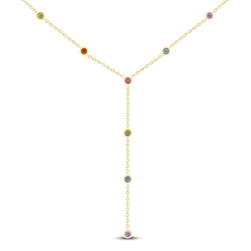 Main Image 1 of Bezel-Set Natural Peridot, Swiss Blue Topaz, Citrine, Pink Sapphire & Amethyst Station Y-Drop Necklace 14K Yellow Gold 18"