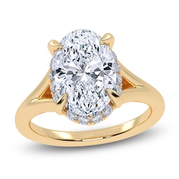 Oval-Cut Lab-Grown Diamond Halo Split Shank Engagement Ring 3-1/4 ct tw 14K Yellow Gold